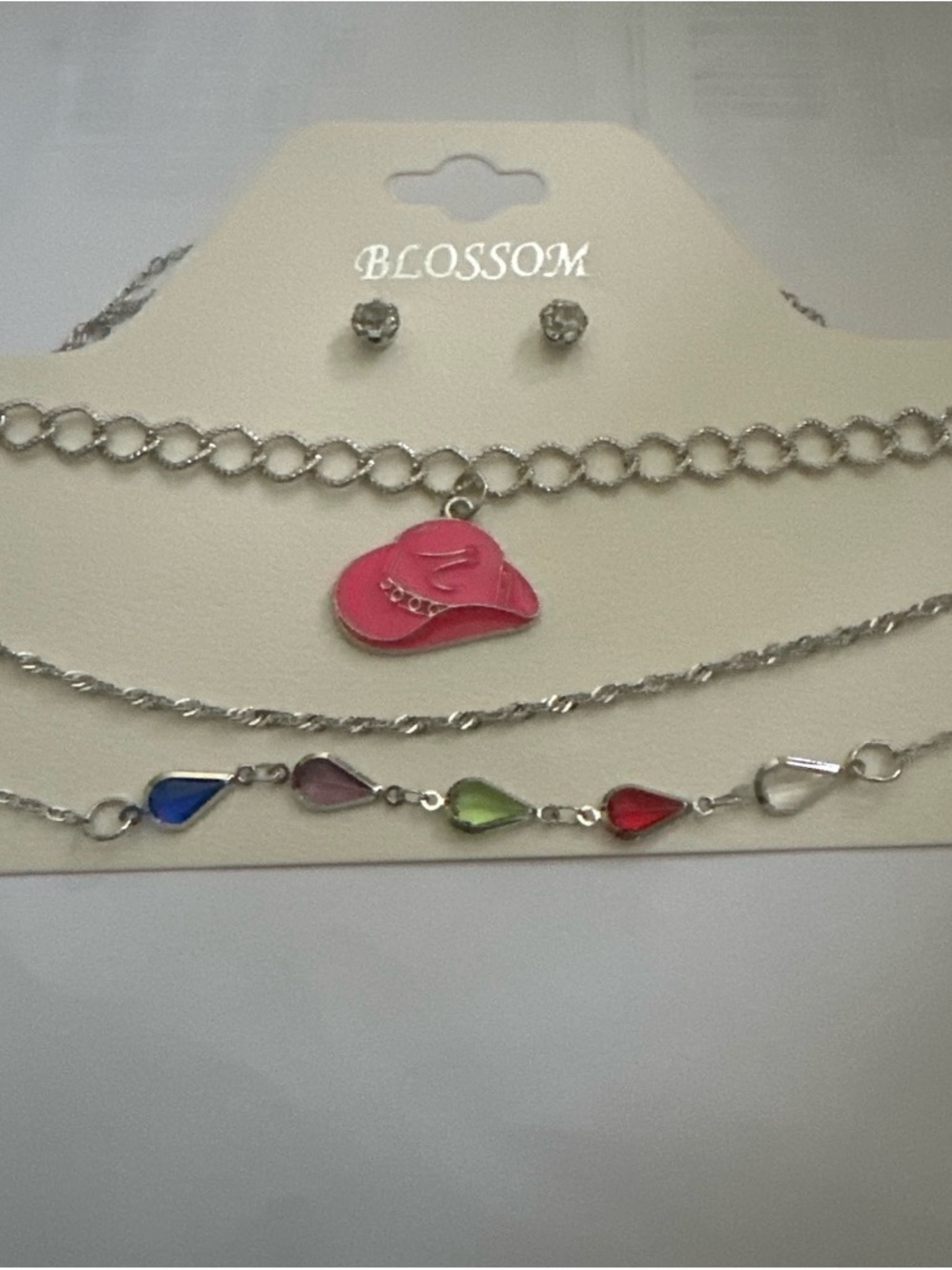 Blossom Silver-Tone Pink Heart Charm Necklace Set